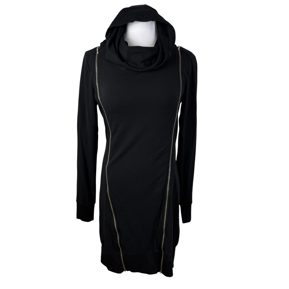 Poleci Black Double Zip Hooded Sweatshirt Dress Cowl Neck Women's M